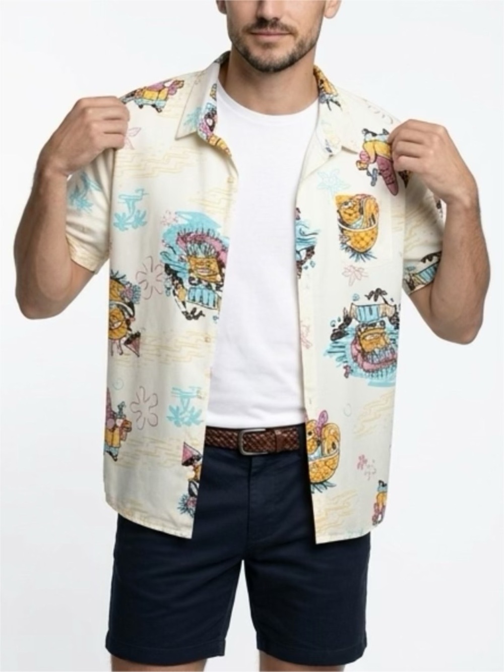 Nickelodeon SpongeBob SquarePants Mens XXL Cream Hawaiian Aloha Shirt Patrick